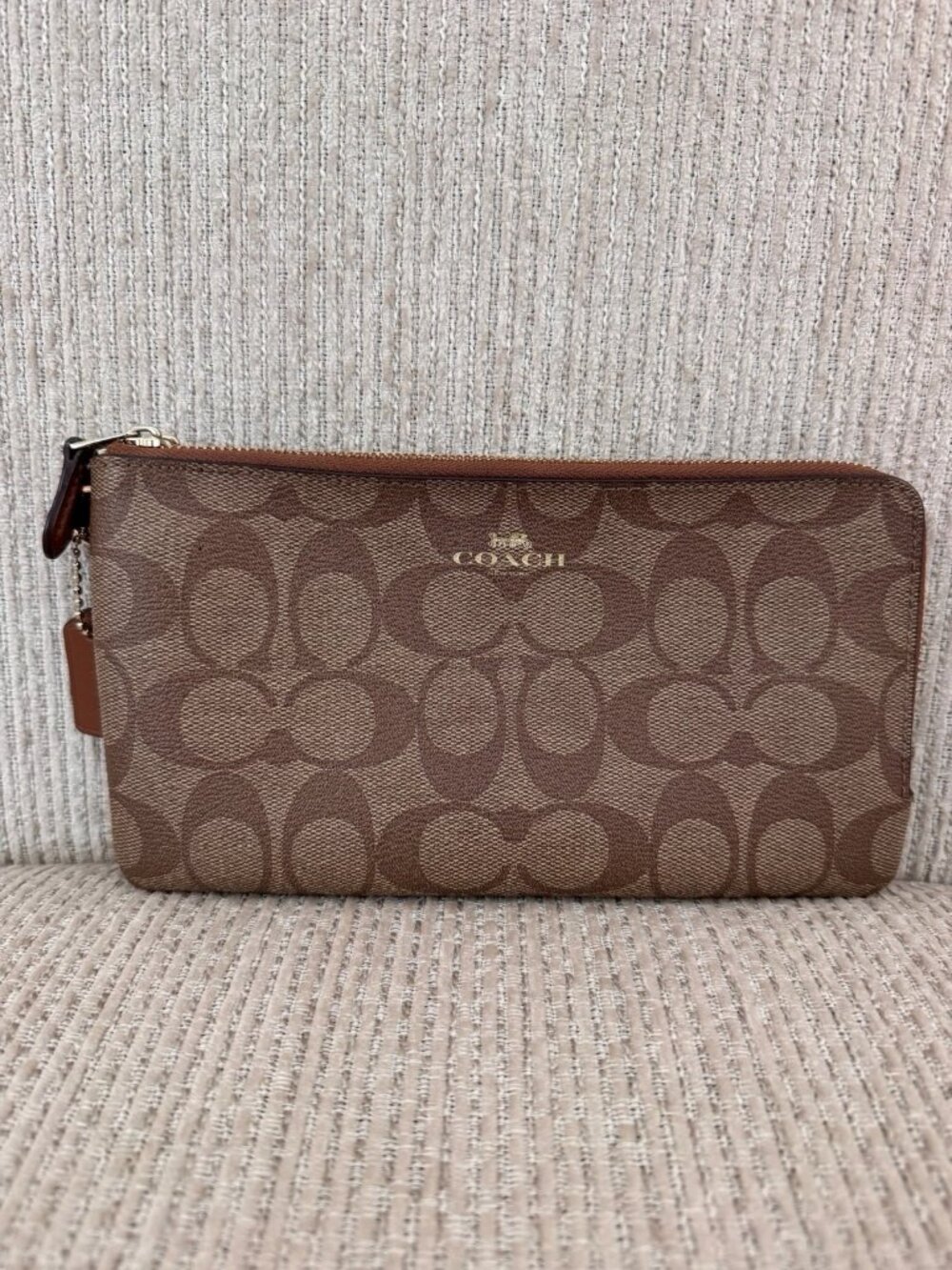 Coach Large Wristlet Khaki Saddle Brown Signature Canvas Wallet Double Zip